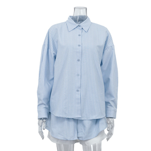Ensemble deux pièces rayé pour femme, chemise à manches longues, short taille haute, coupe ample, coton respirant, tenue décontractée printemps-été - Product Image 5
