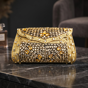 Bolso de mano metálico con mosaico de piedra pulida, diseño étnico indio de imitación antigua, para mujer/niña, uso nupcial, Halloween, Navidad - Product Image 3