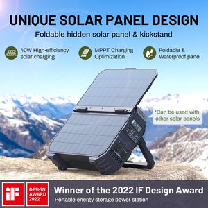 Station d'alimentation portable 1600W 1024Wh LiFePO4 avec batterie externe, MPPT solaire intégré 100W, USB-C PD, onde sinusoïdale pure, pour voiture - Product Image 2