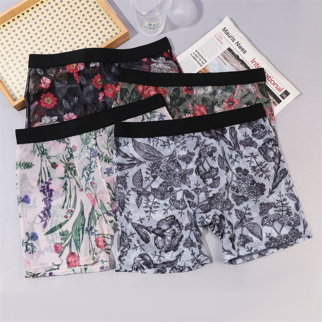Sexy Men Print Boxer Briefs Mesh Transparent Beach Shorts Bulge Pouch Low Rise Swim Trunks Erotic Lingerie Underwear Nightwear