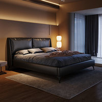 Lit plateforme de style italien minimaliste, luxe léger, en cuir véritable, assemblé, avec cadre en bois et dossier rembourré