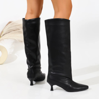 Bottes de cowboy occidentales pour femmes, à bout pointu, mi-mollet, design plissé, fermeture à enfiler, chaussures polyvalentes et tendance pour l'automne et l'hiver