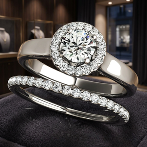 IGI Certified Round Center Lab Grown Diamond Halo <b>Solitaire</b> Bridal <b>Ring</b> Set 10K 14K 18K Gold 925 935 <b>Silver</b> - Product Image 1