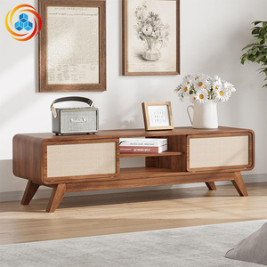 Minimalist Rattan <b>TV</b> Cabinet with Curved Edges & Open Storage, European Style Wood <b>TV</b> Stand for Living Room, Anti-Bump <b>Design</b> - Product Image 2