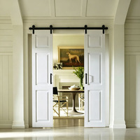 Porte coulissante double de style grange avec kit de quincaillerie pour système de bypass à 2 portes, fermeture douce, robuste, en acier au carbone, pour portes en bois