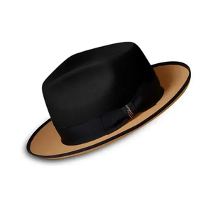 Black Fedora <b>Hat</b> With Tan Brim Unisex Adult 56-58CM Four Seasons Casual Wool Material Formal Style - Product Image 2