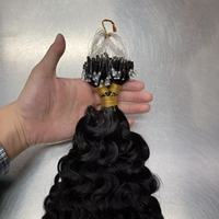 Extensions de cheveux humains vierges vietnamiens Remy non traités, micro-boucles invisibles 1B #   Ligne de pêche micro-anneaux bouclée à double trame pour machine