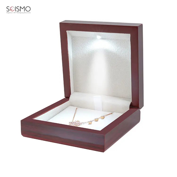 Custom Mdf Wooden Jewelry Holder Boxes With Led Light Necklace Pendant Gift Box Jewel Case Packaging