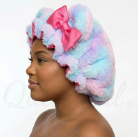 Bonnet de nuit en peluche coton doux de 35 cm avec oreilles, doublure en satin rose, protection pour cheveux bouclés, double couche, pour femmes