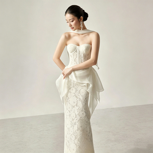 <span class=keywords><strong>Robe</strong></span> de soirée élégante sans bretelles blanche pour femme enceinte, <span class=keywords><strong>robe</strong></span> de soirée en dentelle, <span class=keywords><strong>robe</strong></span> de mariée fourreau florale, peplum en organza, sur mesure OEM - Product Image 2