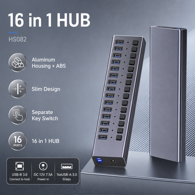 16-Port Powered USB 3.0 Hub 5Gbps 16x USB-A Ports Individual Switches Aluminum Housing in Stock for Data & Charging
