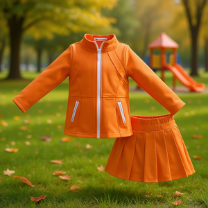 Conjunto de Ropa Deportiva para Niñas, Chaqueta con Cierre Naranja y Falda Pantalón, Estilo Boutique, Ligero, Plisado, Dos Piezas - Product Image 2