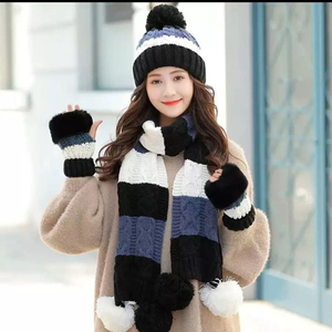Chapeau d'hiver pour femmes, écharpe, gant 3 en 1 avec <span class=keywords><strong>pompon</strong></span>, <span class=keywords><strong>doublé</strong></span> <span class=keywords><strong>polaire</strong></span>, tricoté chaud, bonnets, écharpes, ensemble de gants - Product Image 4