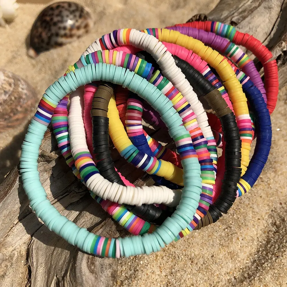 Summer Boho Rainbow Colourful 6MM Polymer Clay Bracelet Round Flat Disc Spacer Heishi Beads Stretch Bracelet
