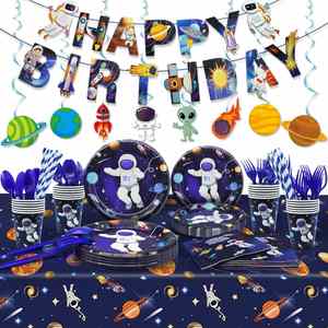 Paquete de 99 Artículos para Fiesta Espacial con Vajilla, Gorros, Pancarta, Manteles, para 24 Personas, Decoraciones de Cumpleaños Espaciales, Astronauta - Product Image 1