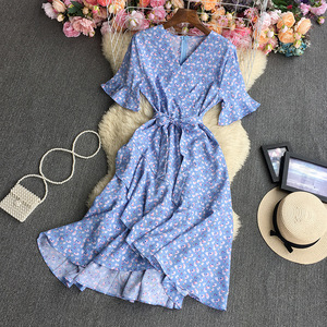 Tunique à manches courtes robe imprimée femmes décontracté col en v robe florale été taille haute jupe longue - Product Image 4