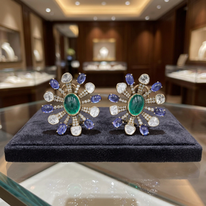 Hot Selling Prominent Central <b>Emerald</b> Stone Tanzanite Diamond <b>Stud</b> Earrings For Women Bridal Special Occasion Wear Jewellery - Product Image 2