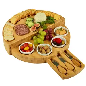 Houten Swivel Tapas Charcuterie Board Serveerschaal Lade Bamboe Kaasplank Met Keramische Kommen En Mes Set