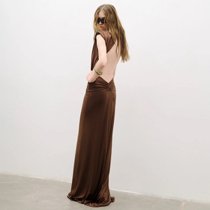 Nouvelle arrivée 2026, <span class=keywords><strong>robe</strong></span> sexy marron à nœuds plissés sans manches, col en V profond pour femmes, <span class=keywords><strong>robe</strong></span> longue <span class=keywords><strong>moulante</strong></span> - Product Image 2