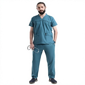 Men's Navy <b>Blue</b> V-Neck <b>Scrub</b> Set Cotton Polyester Woven Hospital Uniforms Doctor Uniforms Needle Detection Blouses Shirts - Product Image 1