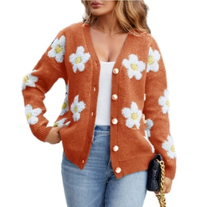 Cardigan tricoté décontracté pour femme, col en V, motif floral 3D, collection automne-hiver explosive, tendance - Product Image 2