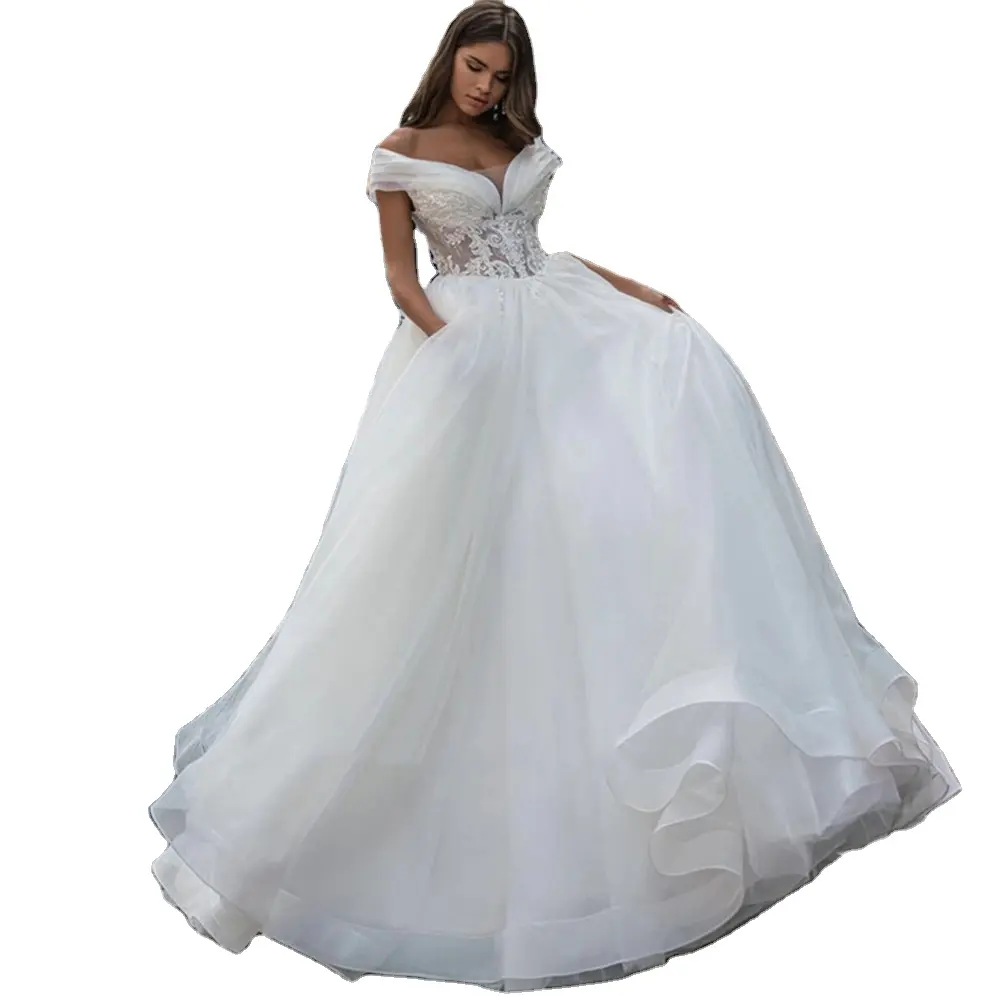 Ball Gown 2022 For Women Off The Shoulder Bridal Gowns Lace Up Back Pleats Princess V-Neck Lace Wedding Dress