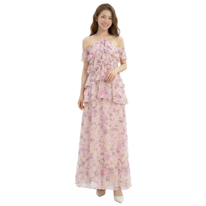 Robe longue élégante rose à motifs floraux pour femme, épaules dénudées, manches à volants, robe d'été tendance, jupe superposée, fourniture d'usine OEM ODM - Product Image 1