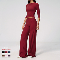 Set Yoga Wanita 2 Potong Bahan Lembut Seperti Mentega, Grosir Custom, Lengan Setengah, Celana Pinggang Tinggi Kaki Lebar, Bahan Bernapas, Lembut, Pakaian Olahraga Aktif