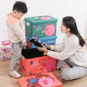 Cartoon Storage Stool Rectangle MDF Toy Organizer For Kids With Lid And Handle Standing Type Orange And Blue - Product Image 2