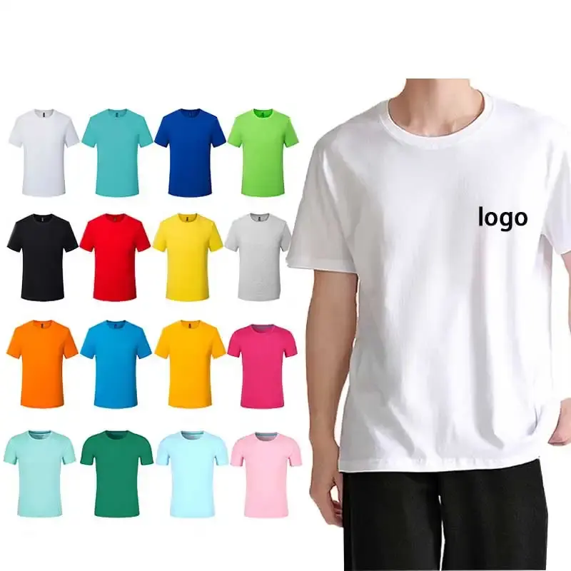 Camiseta de poliéster personalizada feminina, camisa lisa impressão com logotipo da marca para homens e mulheres, 2023