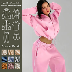 Ensemble de survêtements à capuche avec fermeture éclair en molleton de coton rose doux personnalisé pour femmes - Product Image 1