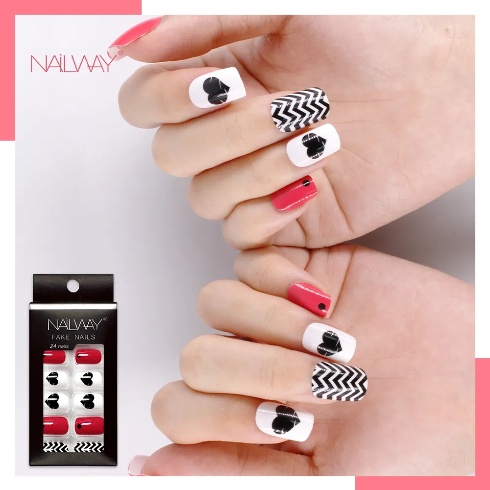 Nailway nova imprensa falsa em unhas, 24pcs, doce, estampa de coração, vermelho, unhas falsas, coloridas, desenhos de imprensa