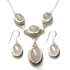 925 Sterling Silver Pink Rose Quartz Necklace Earrings Set Oval Cabochon Bezel Setting Women's Romantic Bohemian Jewelry Gift - Product Image 1
