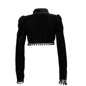 Chaqueta Corta de Terciopelo Negro, Manga Larga, Cuello Alto, Detalle de Borlas, Top Elegante y Ajustado para Mujer - Product Image 1