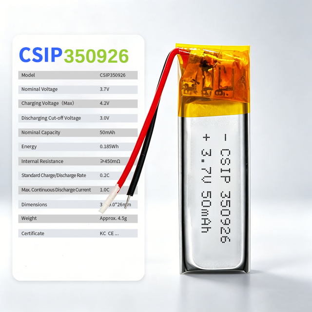 CSIP350926 3.7V 50mAh Ultra Thin Lipo Battery 3.5926mm CE KC for Bluetooth Earphone Wearable Toy OEM ODM