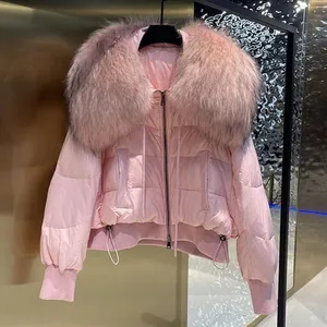 Hot Sales Girls Pink Puffer Bubble Goose Down Jacket Lady Fashion Real Raccoon Fur Parka Plus Size Women