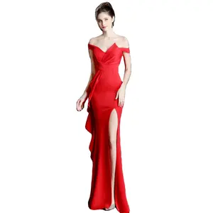 सेक्सी अनियमित कॉलर ऑफ-कंधे उच्च स्लाइट रफ़ल ठोस रंग मैक्सी बैकलेस ड्रेस महिलाओं के लिए लंबी मछली शाम की पोशाक