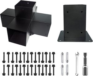 Kit de bricolaje de pérgola. Soporte de carpintería de 5 vías y poste de anclaje, kit de soporte de madera elevado con recubrimiento de polvo negro para vigas de madera, pérgola, Gazeb - Product Image 2