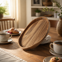 Plateau de service ovale en bois d'acacia avec poignées, plateau en bois pour table basse, présentation de petit-déjeuner