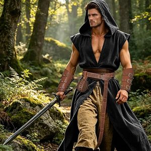 Conjunto de 4 Piezas de Capa sin Mangas con Capucha Estilo Vikingo Medieval Renacentista, Accesorios de Disfraz para Halloween, Ropa para Larp - Product Image 5