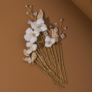 Romantiche forcine fiore in ceramica oro 6 pezzi set lega foglia ornamenti per capelli Vintage imitazione perla per capelli da sposa spilla - Product Image 5