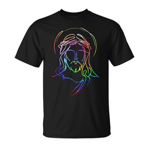 Camiseta Tie Dye con diseño de rostro abstracto de Jesús y líneas de arcoíris, camiseta negra para hombre - Product Image 2