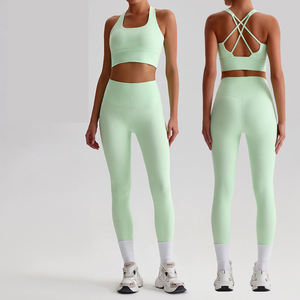 2 Piece Yoga Set Crisscross Back <b>Crop</b> <b>Top</b> High Waist Full Length Leggings Seamless Solid Color Spandex Polyester - Product Image 1
