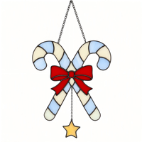 Attrape-soleil en verre coloré fait main, motif double croix, canne à sucre, nœud rouge, étoile jaune, décoration de fenêtre de Noël