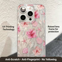 Coque TPU scintillante motif étoiles de mer et coquillages d'hibiscus rose estival, Housse souple antichoc pour iPhone 17 16 15 14 13 Pro Max