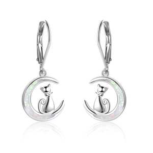 Joyería Fina, Pendientes Colgantes de Plata de Ley 925 con Ópalo, <span class=keywords><strong>Luna</strong></span> y Gato - Product Image 1