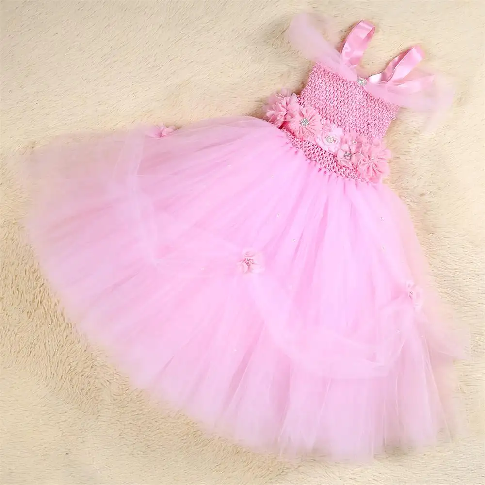 Новый дизайн 2021, детская одежда, светло-розовое цветочное Тюлевое вечернее платье принцессы, детское Летнее бальное платье, длинное платье для девочек