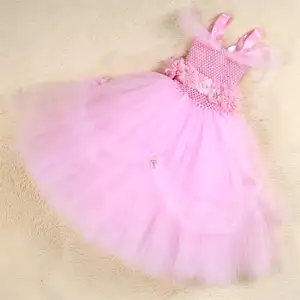 2021 New Design Kids Clothes Light Pink Flower Tulle Princess Party Tutu Girl's Dress Children Summer Ball Gown Long Dress Girls