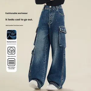 Salopette en jean <span class=keywords><strong>d</strong></span>élavé pour filles, taille élastique, coupe ample, style harem, multi-poches, pour enfants (tailles moyennes et grandes), nouvelle collection printemps-automne - Product Image 6