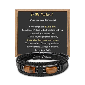 Bracelet en cuir pour homme gravé sur mesure, perles en œil de tigre multicouches, fermoir magnétique « Je t'aime pour toujours », cadeau de bijoux pour homme - Product Image 3